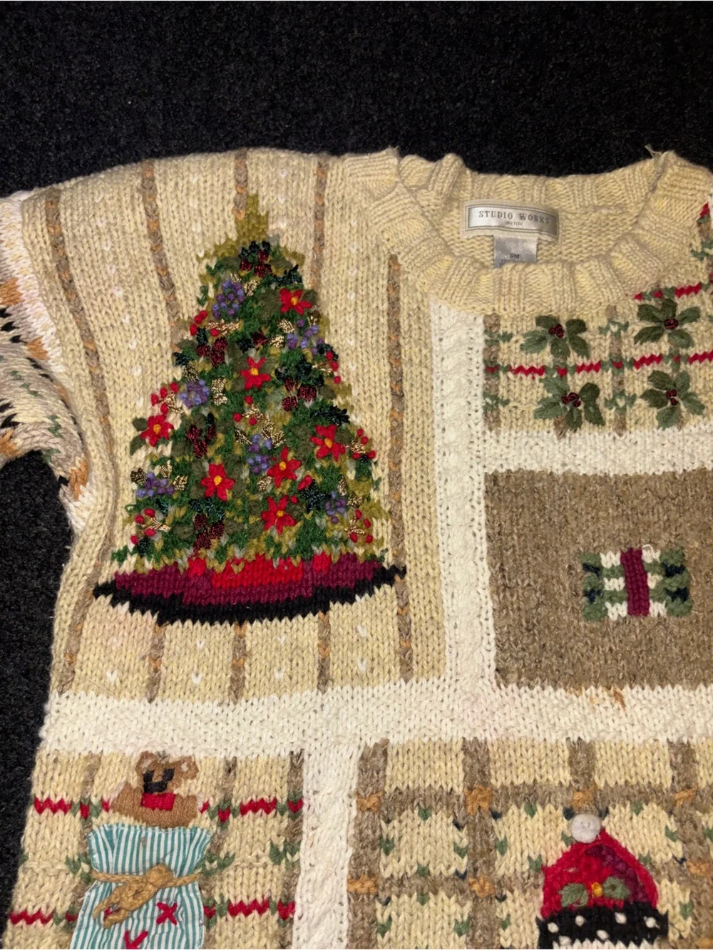 Vintage 90s Y2K Studio Works Ugly Christmas Sweater Petite Medium Patchwork